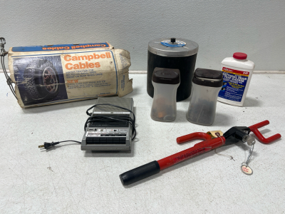 Assorted Items, Sterring Wheel Lock, Cambell Cables, Paint Tumbler And More