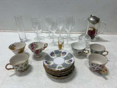 Assorted Glassware- Vintage Tea Cups And Wine Glasses And More