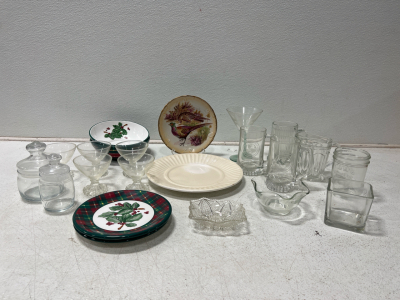 Assorted Glassware- Cups, Plates, Mason Jars, and More