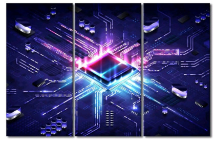 (1) 3-Panel Glowing CPU Canvas Wall Art Print 60"Wx40"H