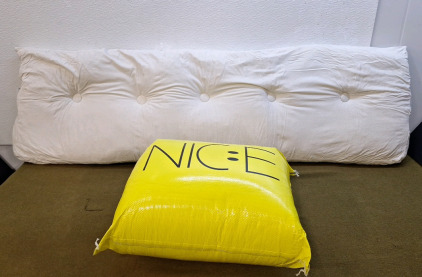 (1) Triangular Headboard Pillow, 58"L x 18"T, Beige, W/ Side Pockets & Removable Cover