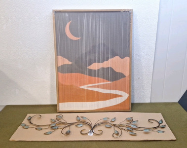 (1) Enchanting Leaves, Metal Wall Decoration 40"L x 10"T & (1) Framed String Abstract Wall Art, 24"W x 32"H