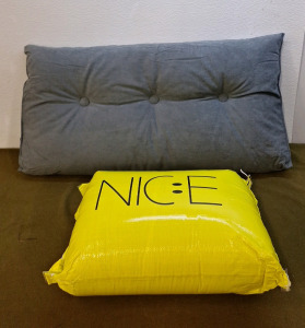 (1) Triangular Headboard Pillow, 40"L x 20"T, Grey, W/ Side Pocket & Removable Cover