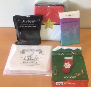 (1) Christmas Mooaske Hand Crochet Kit (1) Pok&eacute;mon Card Binder (1) Two Pack of Medium Sized Knee Braces