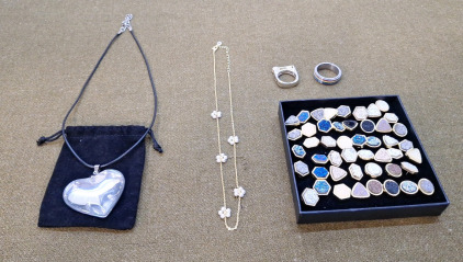 (1) Heart Pendant W/Chain, (1) Foux Pearl Necklace, (2) Cosmetic Rings & 40+ Studded Epoxy Druzys