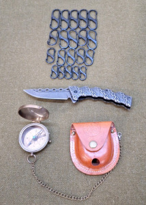 (1) Vintage Reproduction Compas W/Belt Pouch, (1) Folding Lockblade Pocket Knife W/ Chain Pattern Handle & (2) Assorted Sized S-Carabiners