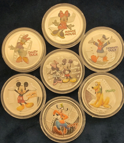 (7) Disney Character Silver Plated Commemorative Coins