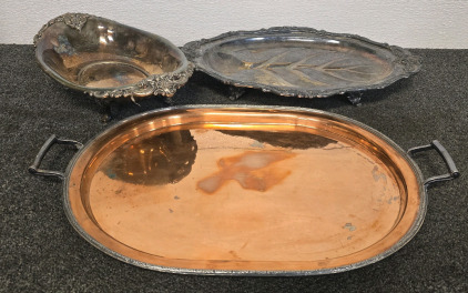 (3) Brass And Silver Toned Display Serving Trays