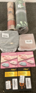 2 SEASONAL KITCHEN MATS, 2 WOMENS CROSS BODY CHEST BAG, 2 SMALL UTILITY KNIVES, IPHONE 12/12 PRO SCREEN PROTECTORS.