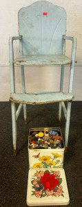 Blue Mini Chair, Tin Container With Buttons