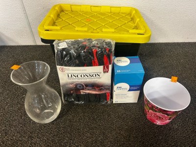 Work Gloves, Eyelid Sheets, Vases, And Storage Tote