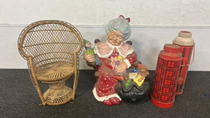 Vintage Mini Wooden Chair, Vintage Water Jugs, Vintage Mrs. Clause