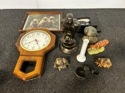 Vintage Clock, Picture Frames, Bird Clay Figures, And More