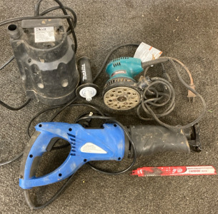 Submersible Utility Pump, Makita Sander, and Blue Reciprocating Saw