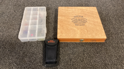 Fishing Lures, Wooden Box, Gerber Utility knife