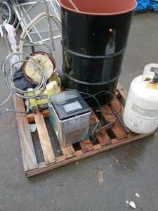 (1) Ryobi Paint Sprayer (1) Black Steel Drum (1) Propane Tank (1) Ice Maker (1) Pallet