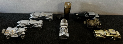 Vintage Silver And Gold Cologne Car Bottles, Boot, And Train