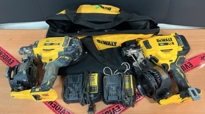 (2) DeWalt 20v XR Roofing Nailers (2) DeWalt Battery Chargers (1) DeWalt Tool Bag