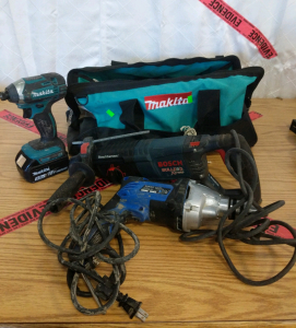 Large Makita Tool Bag with Makita 18v Impact Gun, Bosch Rotary Hammer and Kobalt Keyed Electric Drill