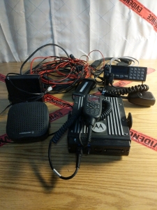 Motorola 2 Way Radio System with Speakers and Voltage Booster, Wiring Harness, and Harris Radio Control Head