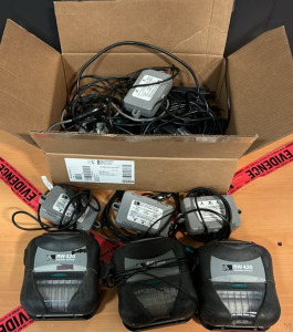 (3) Zebra RW 420 Ticket Printer (5) RCLI-DC Mobile Chargers & An Assortment of Wires