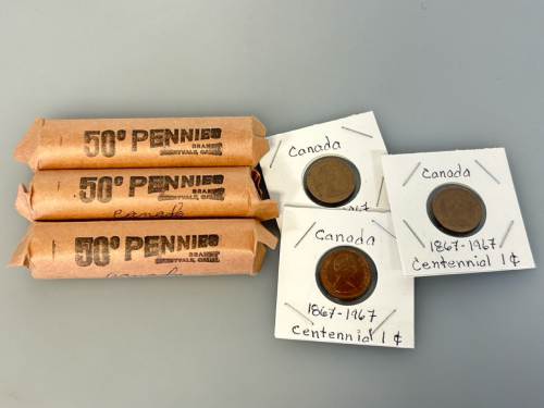 (3) 50 Cent Rolls Of Canadian Pennies Dated 1948-1978 And (3) Canadian Centennial Pennies 1867-1967