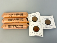 (3) 50 Cent Rolls Of Canadian Pennies Dated 1948-1978 And (3) Canadian Centennial Pennies 1867-1967