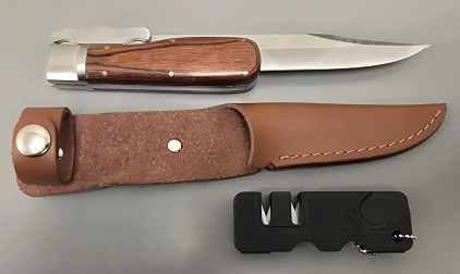 Large 7" Blade Manual Pocket Knife With Leather Sheath And Sharpener