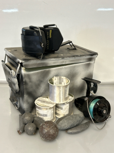 Metal Ammo Can With Mitchell 302 Fishing Reel, Fishing Line, Lead Weights and Pair of Silencio Earmuffs