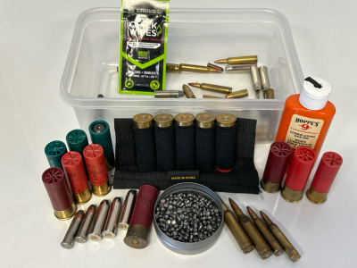 Tote With Mixed Ammo, Pointed Primers, Lubricating Gun Oil and More