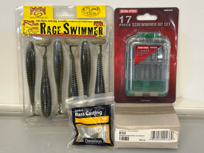Pack of Strike King Rage Swimmer Self Baits, 17 Piece Screwdriver Bit Set, and Box of Sinker Bass Cast 1/2 Oz Size 6