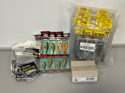 Egg Sinkers (1 Oz), R&aacute;pala Original Lures, and Strike King Rage Swimmer Soft Baits