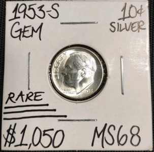 1953-S MS68 Rare Gem Silver Roosevelt Dime