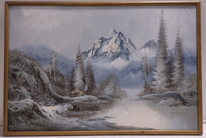 3' 1⅓"x 2' 1⅓"x 1⅓" Beautiful Oil Painting Titled "Winter Solitude" Artist "D, Hans"