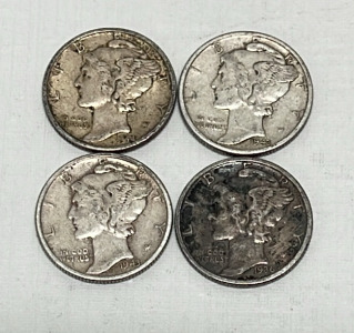 (4) Silver Mercury Dimes Dated 1936, 1941, 1944