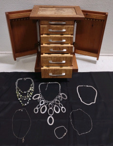 12"x 9"x 15&frac34;" Real Wooden Jewelry Box w/ (5) Assorted Necklaces (Featuring; Cascading Rings Necklace, Snake Bone Chain Necklace...) & (1) Vintage Gold&reg; Shield Snake Chain Bracelet