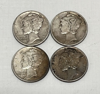 (4) Silver Mercury Dimes Dated 1938, 1939, 1941, 1943