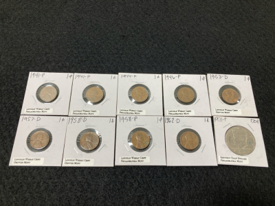 (9) 1941-1962 Lincoln Wheat Pennies w/ Philadelphia/Denver Mint, (1) 1971-P Kennedy Half Dollar Philadelphia Mint