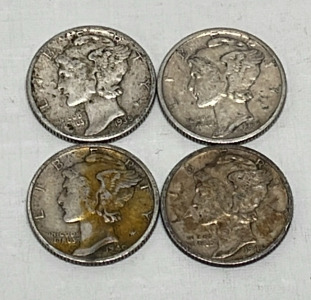 (4) Silver Mercury Dimes Dated 1935, 1939, 1940