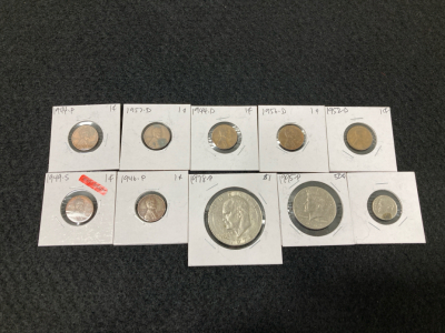 (7)1944-1957 Wheat Pennies, (1) 1978-p Eisenhower Dollar Coin, (1)1995-p Kennedy Half Dollar, (1) Dime