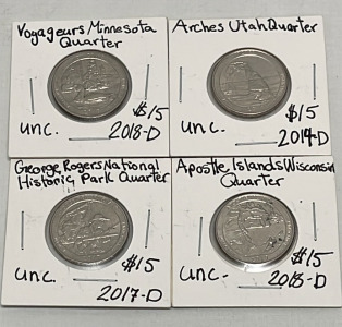 (4) Uncirculated State Quarters&hellip; 2018-D Voyagers Minnesota, 2014-D Arches Utah, 2017-D George Roger&rsquo;s National Historic Park, 2018-D Apostle Islands Wisconsin (Carded)