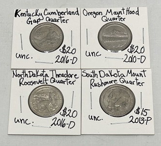 (4) Uncirculated State Quarters&hellip; 2016-D Kentucky Cumberland Gap, 2010-D Oregon Mount Hood, 2016-D North Dakota Theadore Roosevelt, 2013-P South Dakota Mount Rushmore