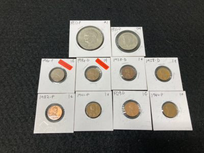 (8) 1929-1982 Wheat Pennies, (1) 1977-P Eisenhower Dollar Coin, (1) 1977-D Kennedy Half Dollar