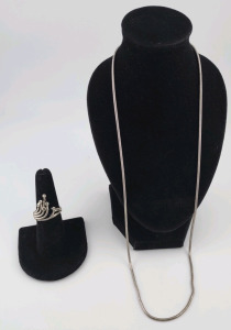 (7.75 Size) Vintage 925 Silver Ornate Wide Ring w/ 9&frac12;" Italian Made 925 Snake Bone Chain Necklace