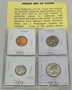 (4) Proof Set Of Coins&hellip; 1969 Lincoln Memorial Cent, 1970 Jefferson Nickel, 1978 Roosevelt Dime, 1979 Washington Quarter (Carded)