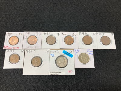 (8) 1945-1991 Mint Pennies, (1) 1949-D VG/F Jefferson Nickel Denver Mint, (1) 1978-P Jefferson Nickel