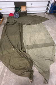 (1) Original WWII US Army Tent Shelter (1) Barracks Foot Locker Trunk (15) Unopened Boxes Of Matches (3) 1955 Pocket Hand Warmers (1) Official Trail Mess Kit Canteen (1) Backpack (1) Laptop Bag