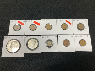 (7) 1946-1958 Wheat Pennies, (1) 1977-D Eisenhower Dollar Coin, (1) 1989-D Kennedy Half Dollar, (1) 2017-D Dime