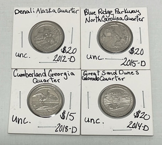 (4) Uncirculated State Quarters&hellip; 2012-D Denali Alaska, 2015-D Blue Ridge Parkway North Carolina, 2018-D Cumberland Georgia, 2014-D Great Sand Dunes Colorado (Carded)
