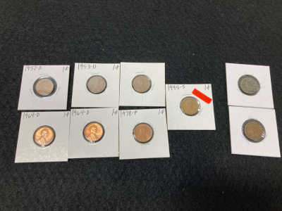 (7) 1940-1978 Pennies, (2) 1899-1902 Indian Head Pennies